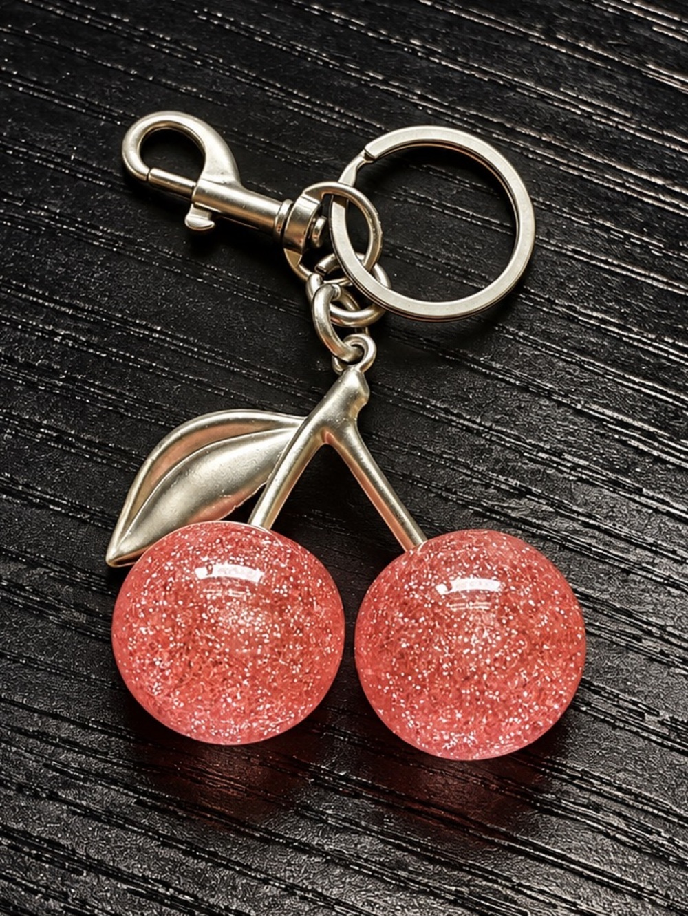 Large Pink Glitter Cherry Bag Charm – Silver Tone Hardware